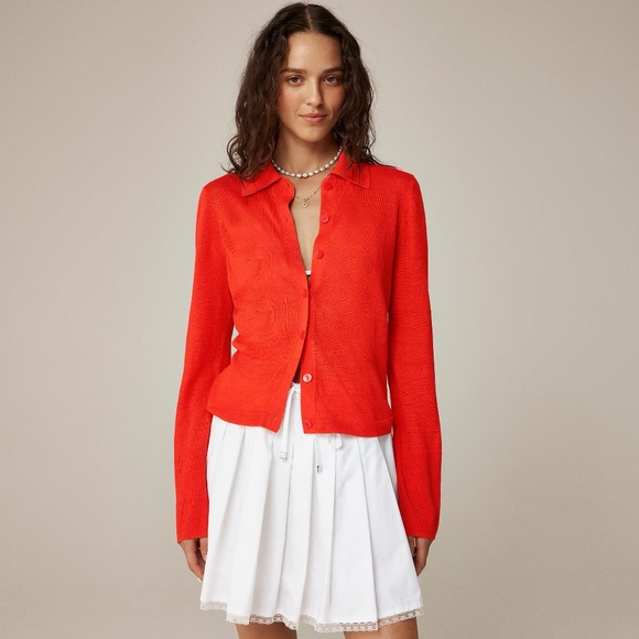 NWT!! J. CREW Collared Button-Up Sweater Cardigan Linen Poppy Orange Red Small - Picture 1 of 16